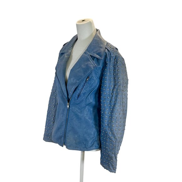 Studded Faux Leather Moto Jacket, Light Blue, Size M - Picture 4 of 7